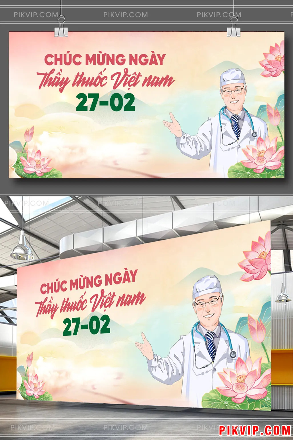 Vector Banner Chúc Mừng Ngày Thầy Thuốc Việt Nam 27-02: Bác Sĩ Thân Thiện & Hoa Sen Tinh Khôi