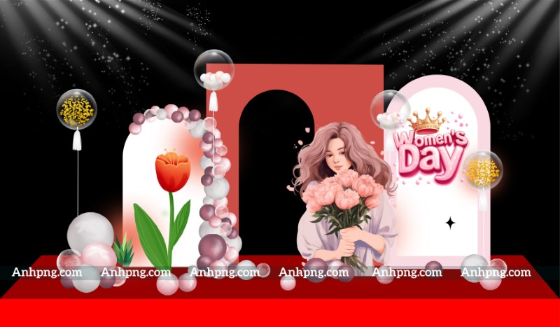 Decor 8/3 backdrop sân khấu cô gái ôm hoa tươi mừng Ngày Phụ nữ