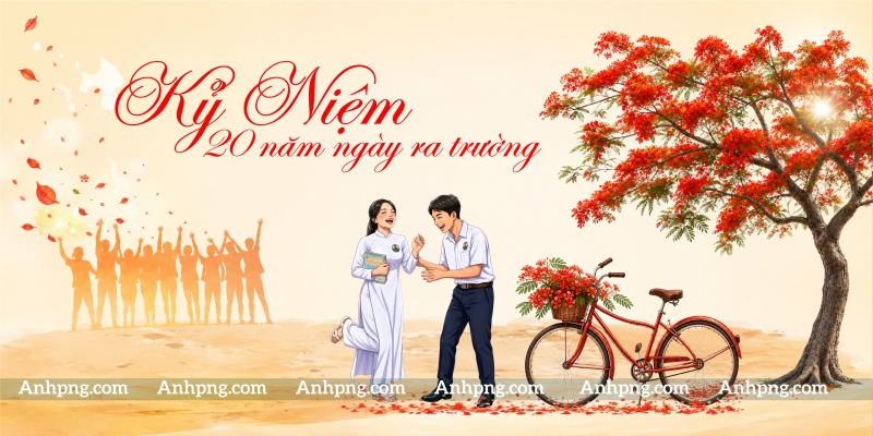 Phông nền maket họp lớp 20 năm chủ đề hoa phượng tuổi học trò