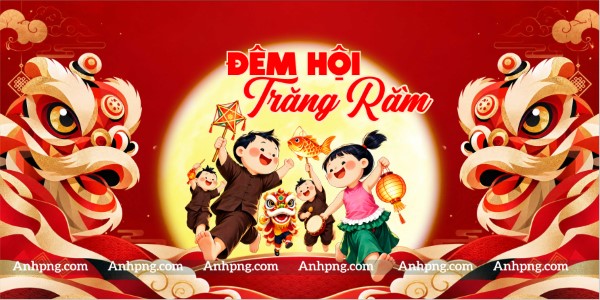Hình nền Trung Thu đẹp Đêm Hội Trăng Rằm với múa lân rực rỡ