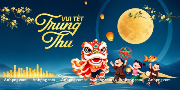 Background Trung Thu Vector trăng rằm múa lân và đèn ông sao